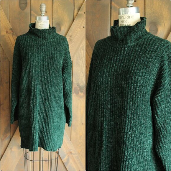 Vintage 1980s Sweater, Kenzo Paris Green Chenille Turtleneck Tunic - Picture 1 of 11